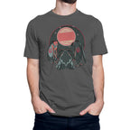 Charcoal t-shirt with three cartoon Mothmen facing neon craft beer sign