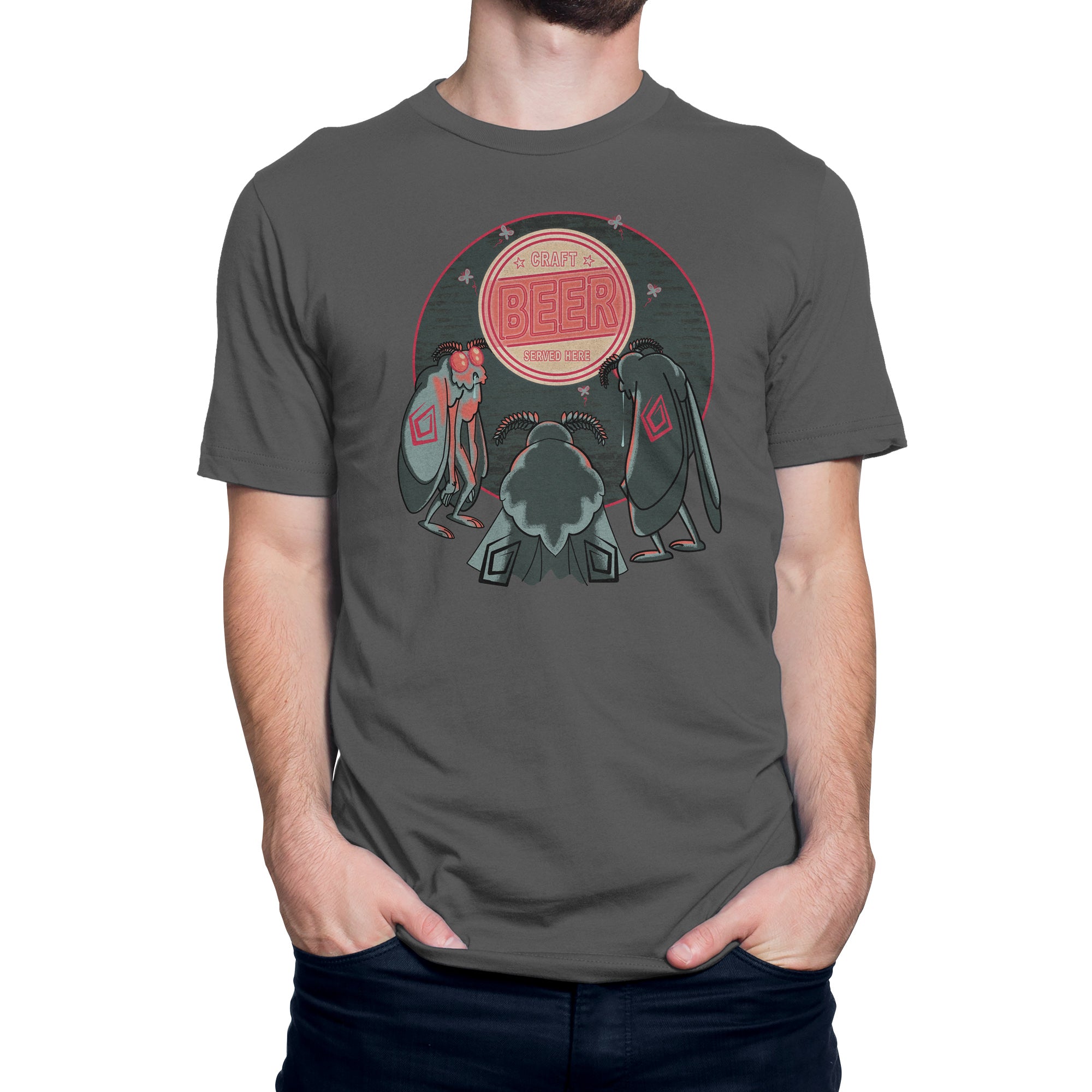 Charcoal t-shirt with three cartoon Mothmen facing neon craft beer sign