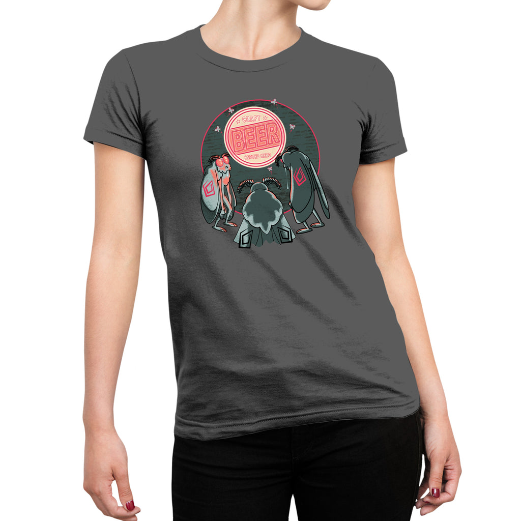 Mothman Loves Craft Beer tee featuring moth figures and glowing beer sign