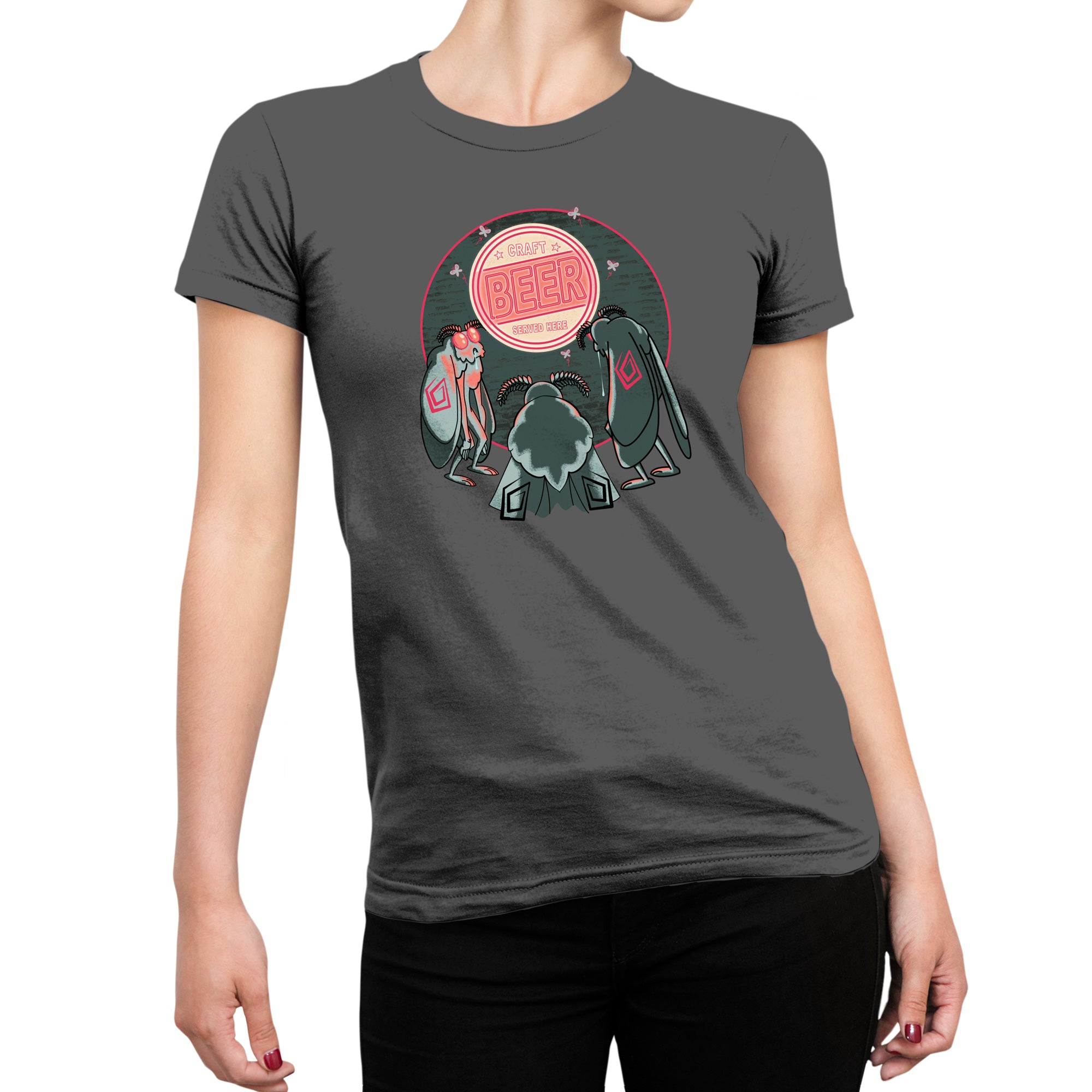 Mothman Loves Craft Beer tee featuring moth figures and glowing beer sign
