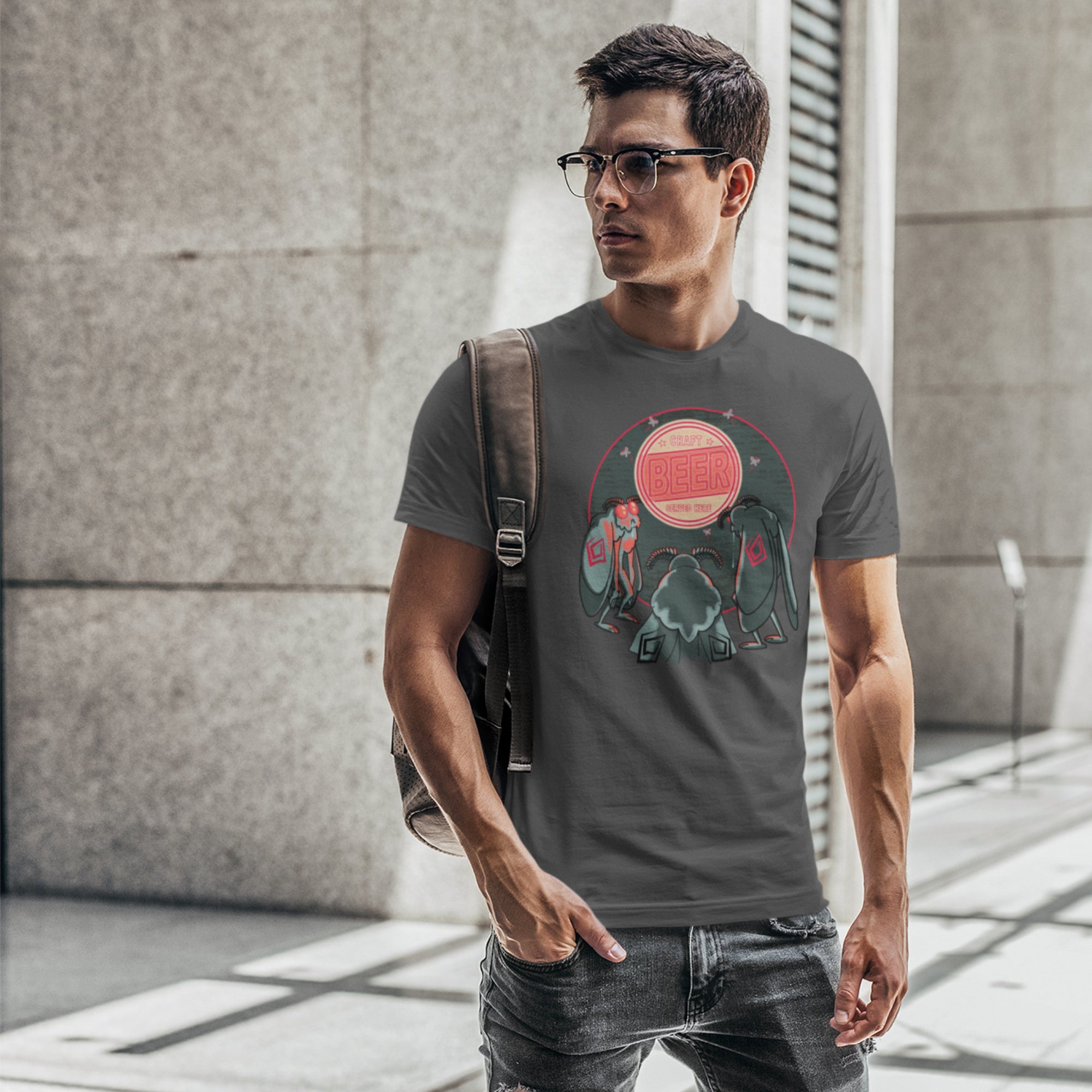 Unisex cotton shirt with neon ‘CRAFT BEER SERVED HERE’ graphic and Mothman