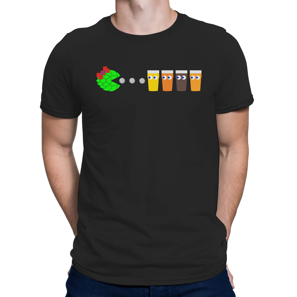 Ms. Hop-Man T-shirt featuring hop cone styled like Ms. Pac-Man