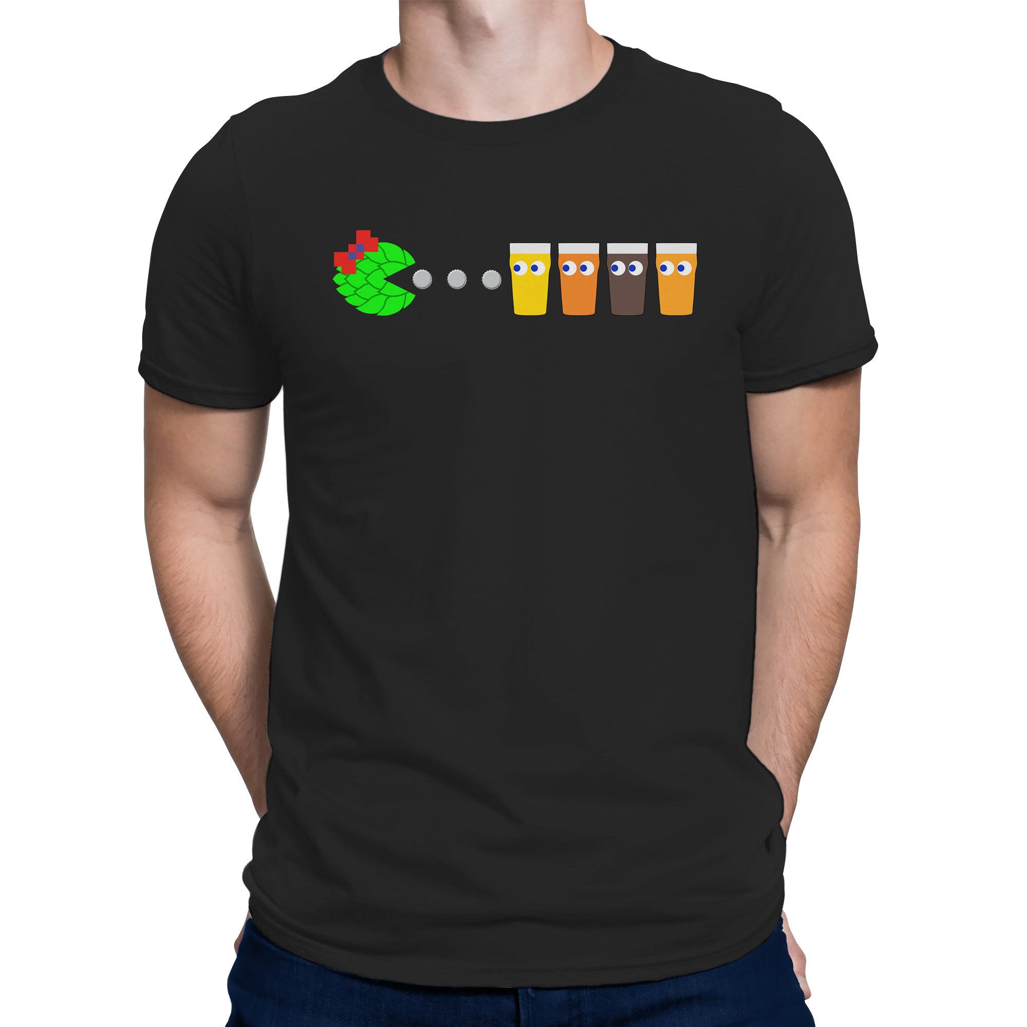Ms. Hop-Man T-shirt featuring hop cone styled like Ms. Pac-Man