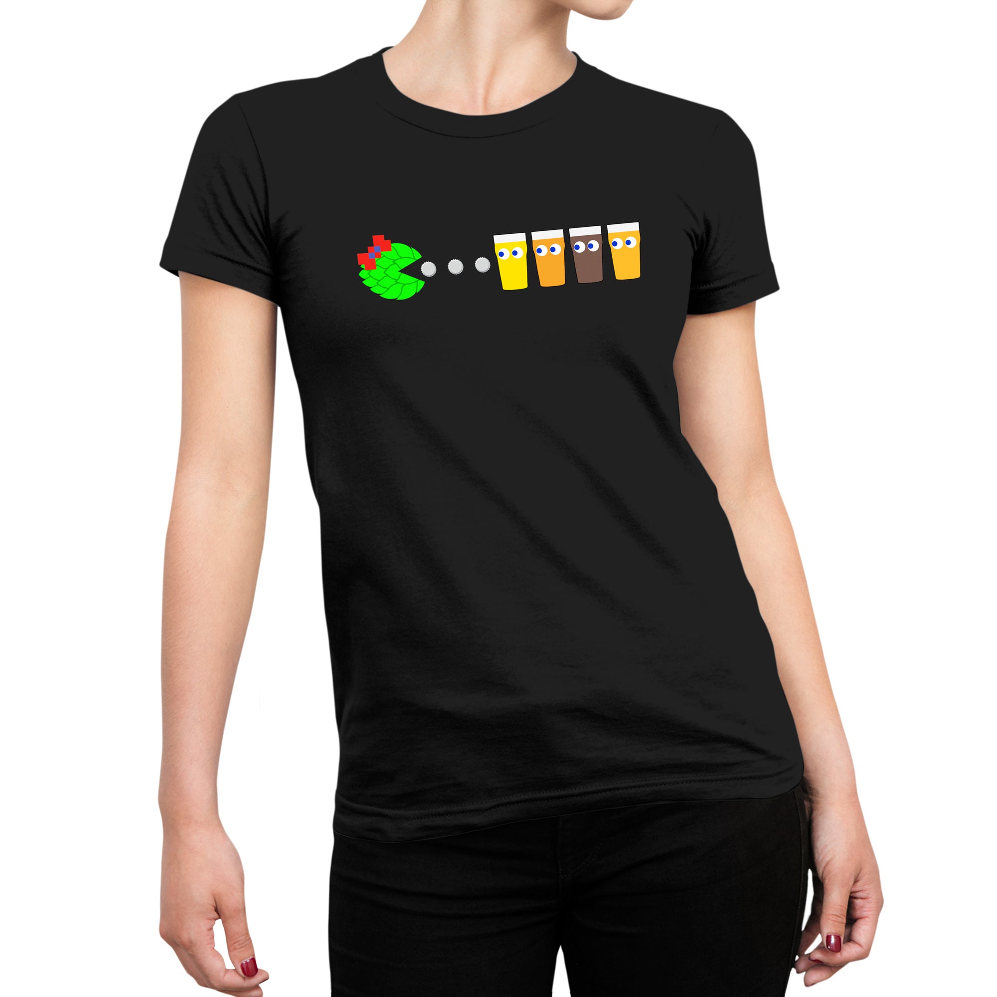 Craft beer parody shirt with a hop cone chasing beer mugs