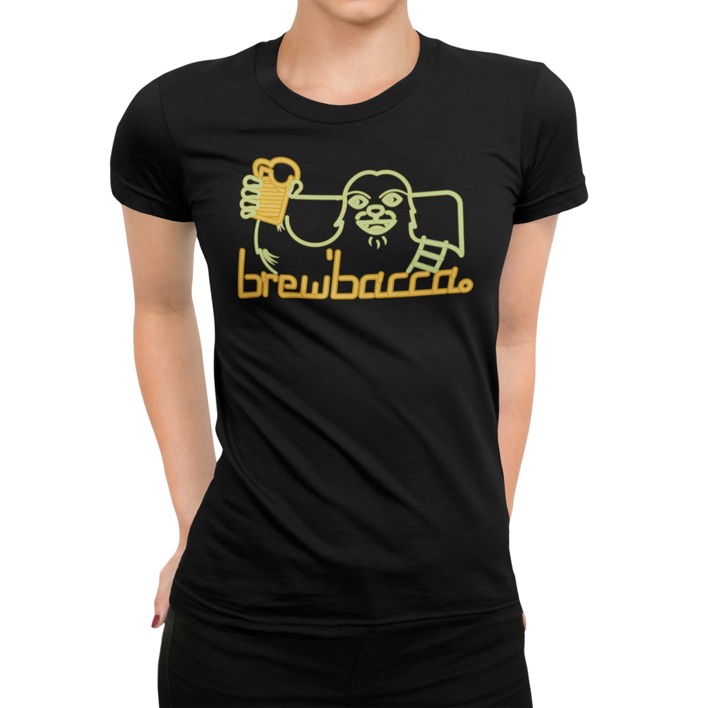 Neon-style design on a black T-shirt showing a tall figure raising a pint