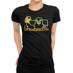 Neon-style design on a black T-shirt showing a tall figure raising a pint