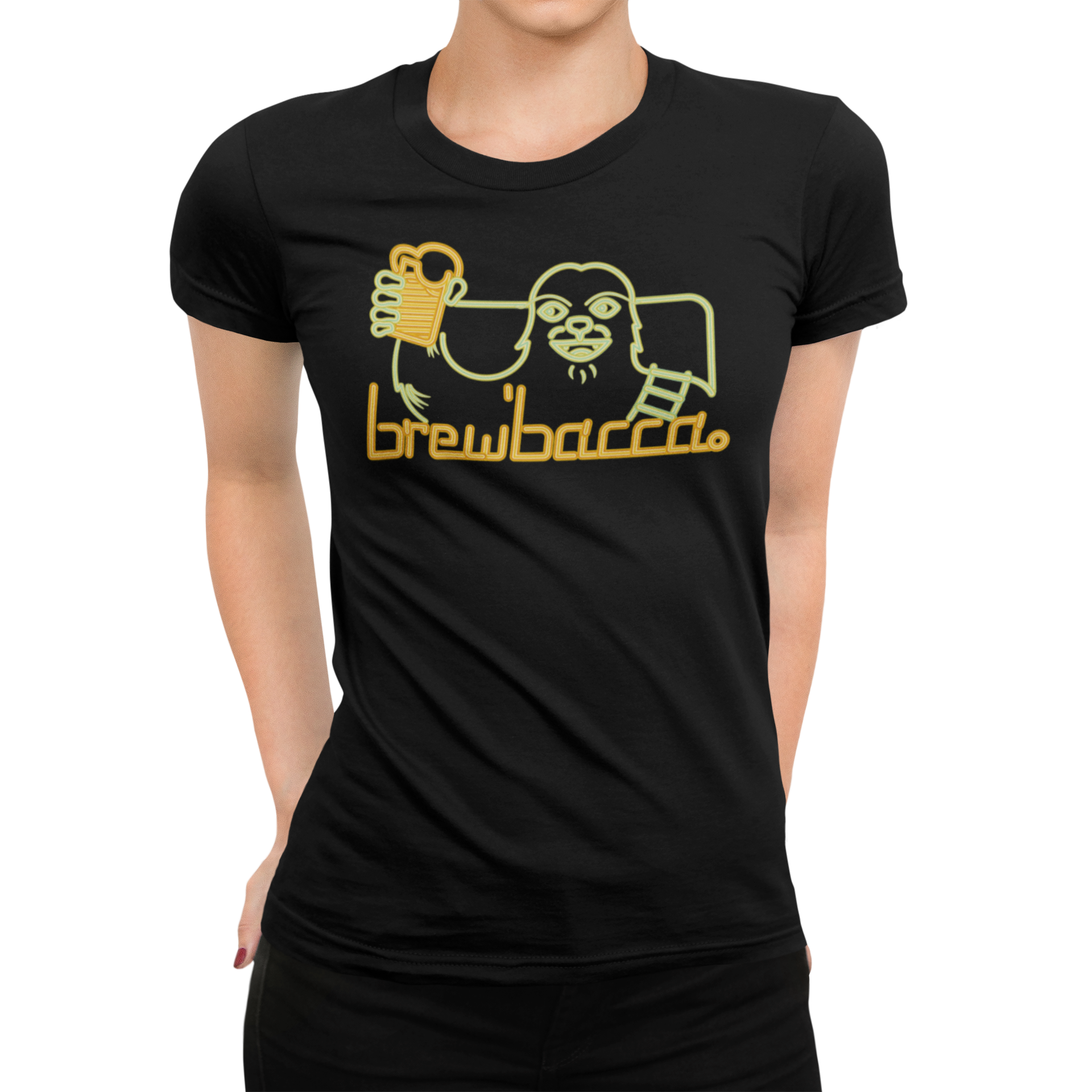 Neon-style design on a black T-shirt showing a tall figure raising a pint