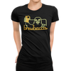 Neon-style design on a black T-shirt showing a tall figure raising a pint