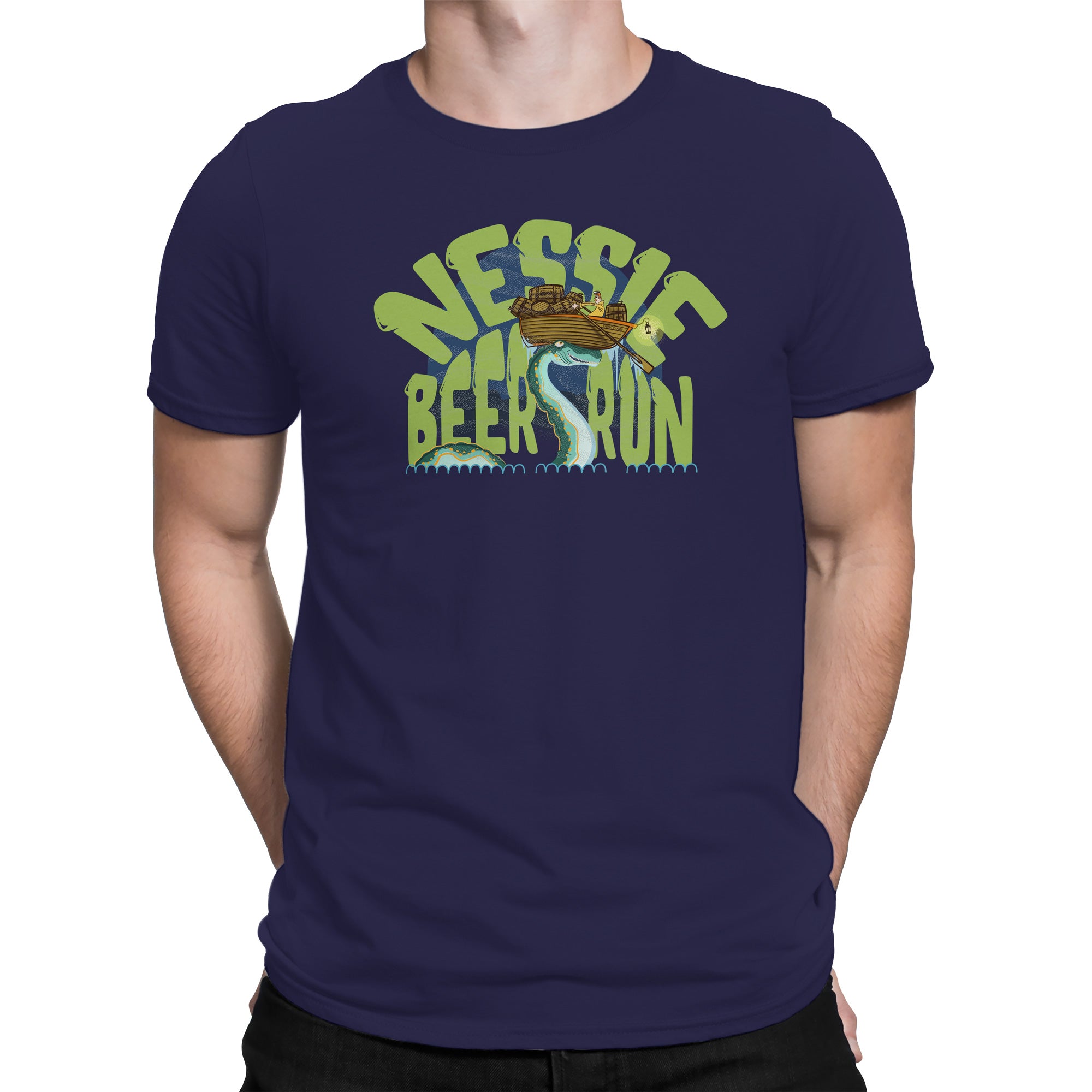 Navy t-shirt with green Loch Ness Monster towing keg boat graphic