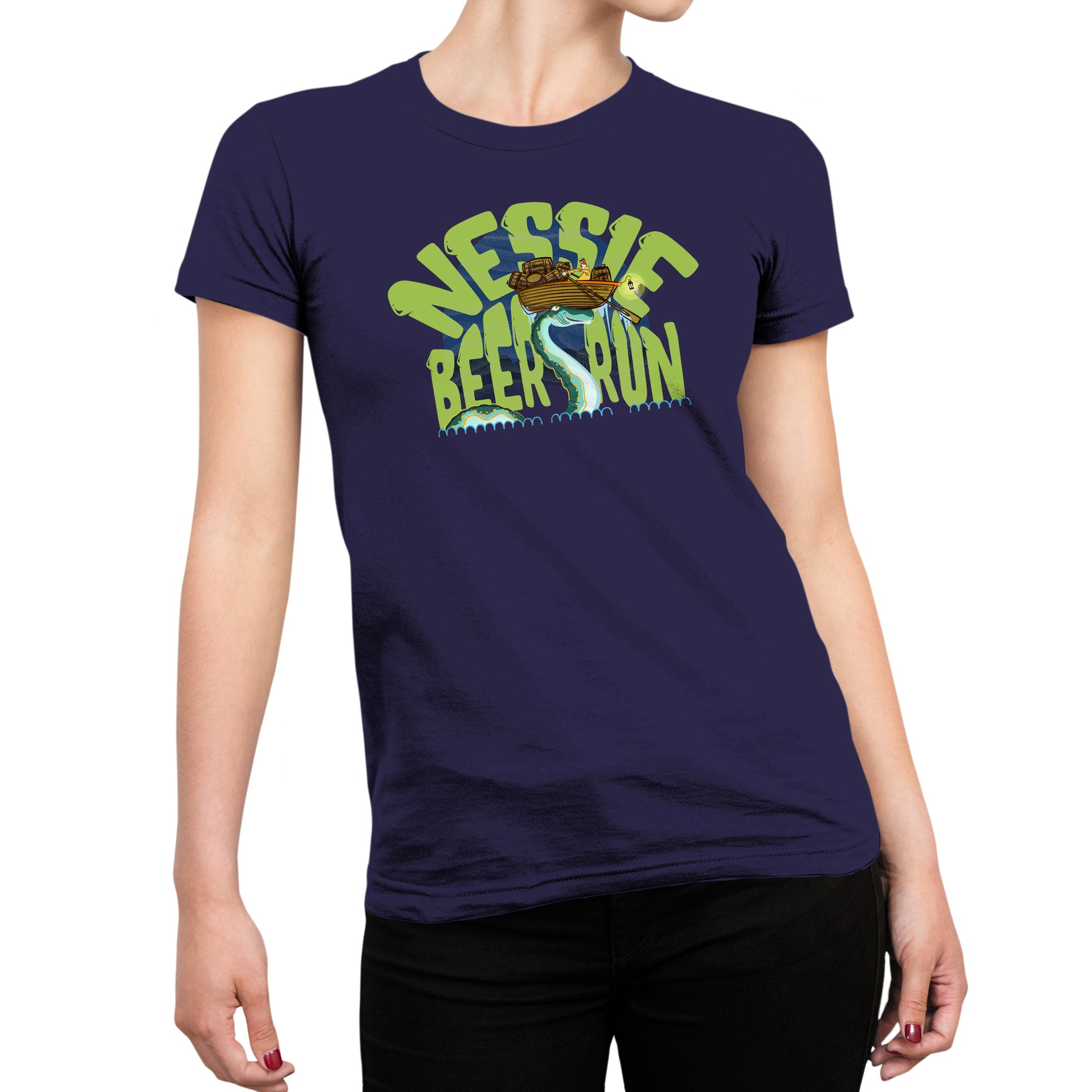Nessie Beer Run women's tee featuring monster surfacing with beer crates