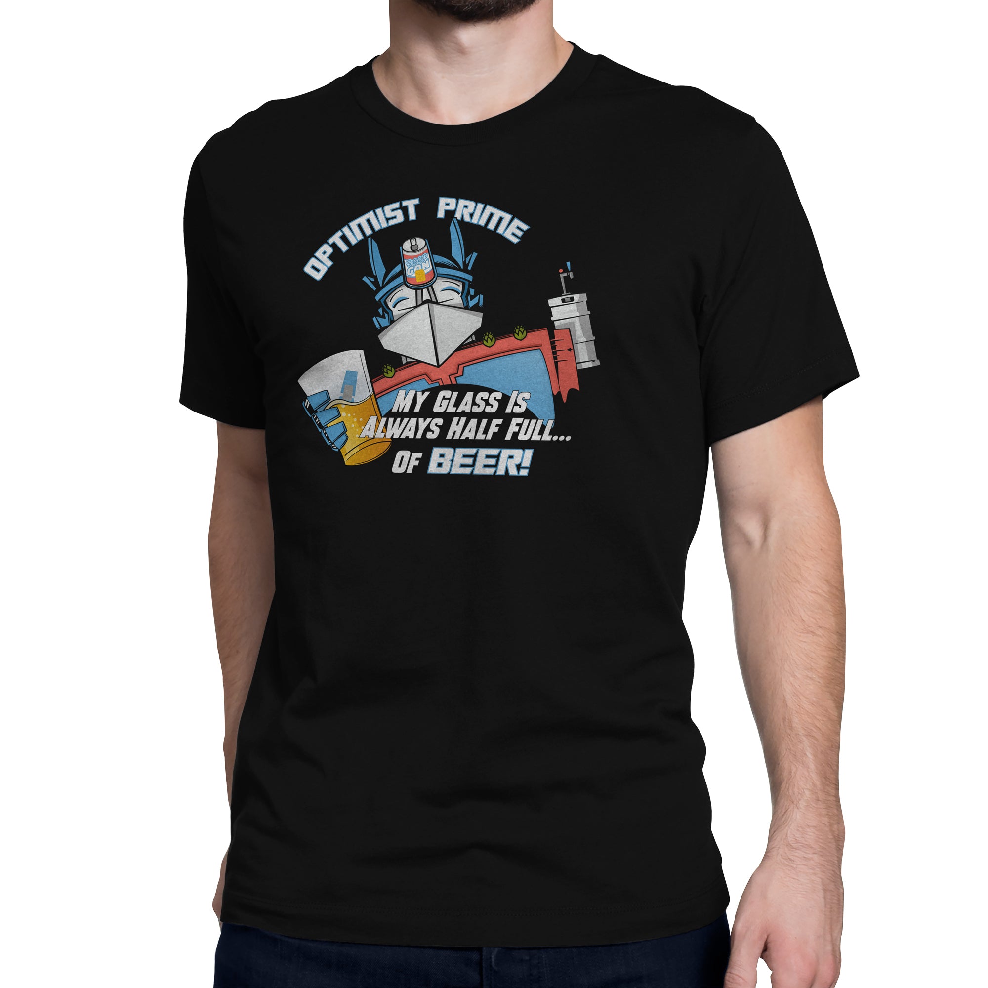 Black t-shirt with Optimist Prime robot head and beer-can antennae graphic