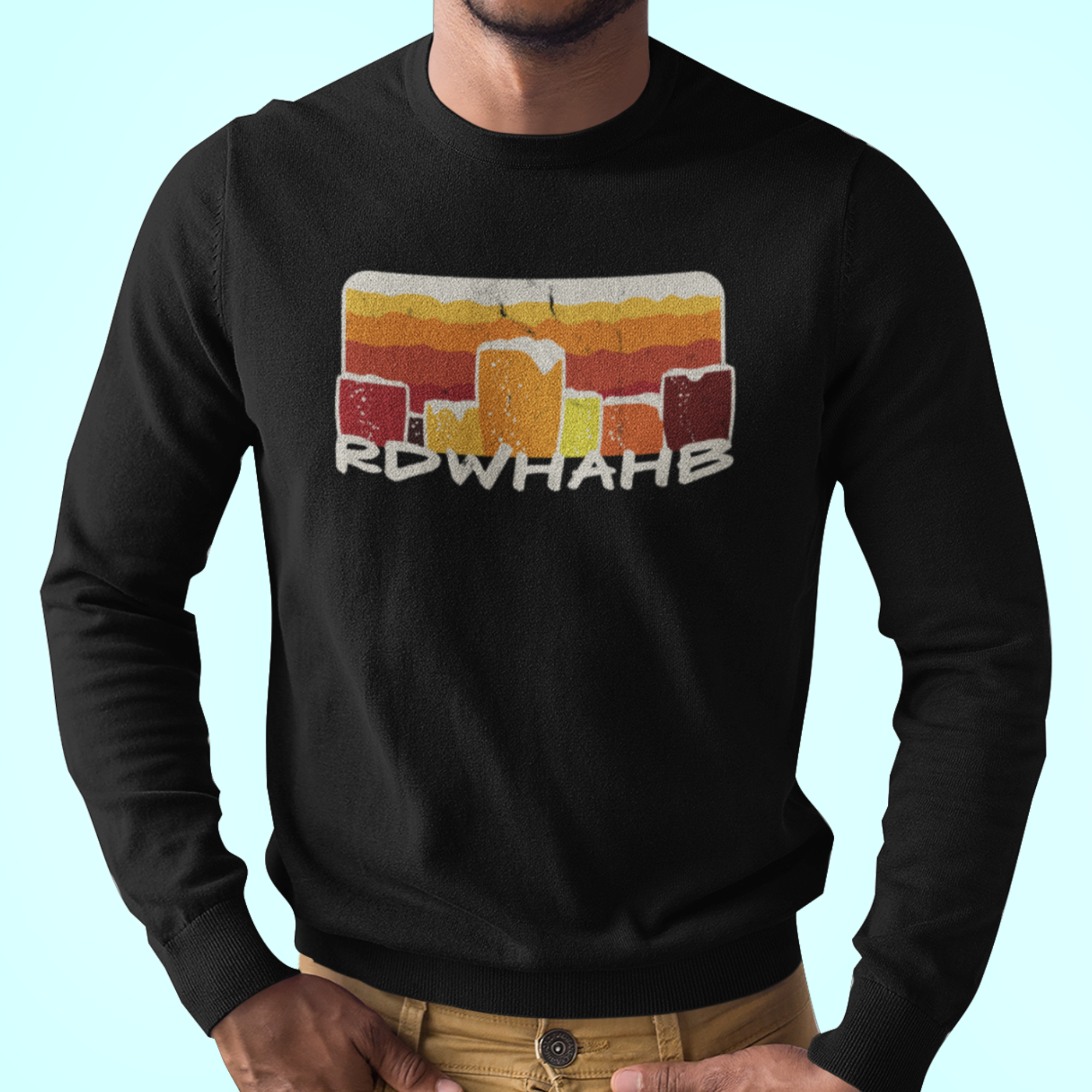 Black long-sleeve tee with retro orange-to-red stripes and beer glass silhouettes