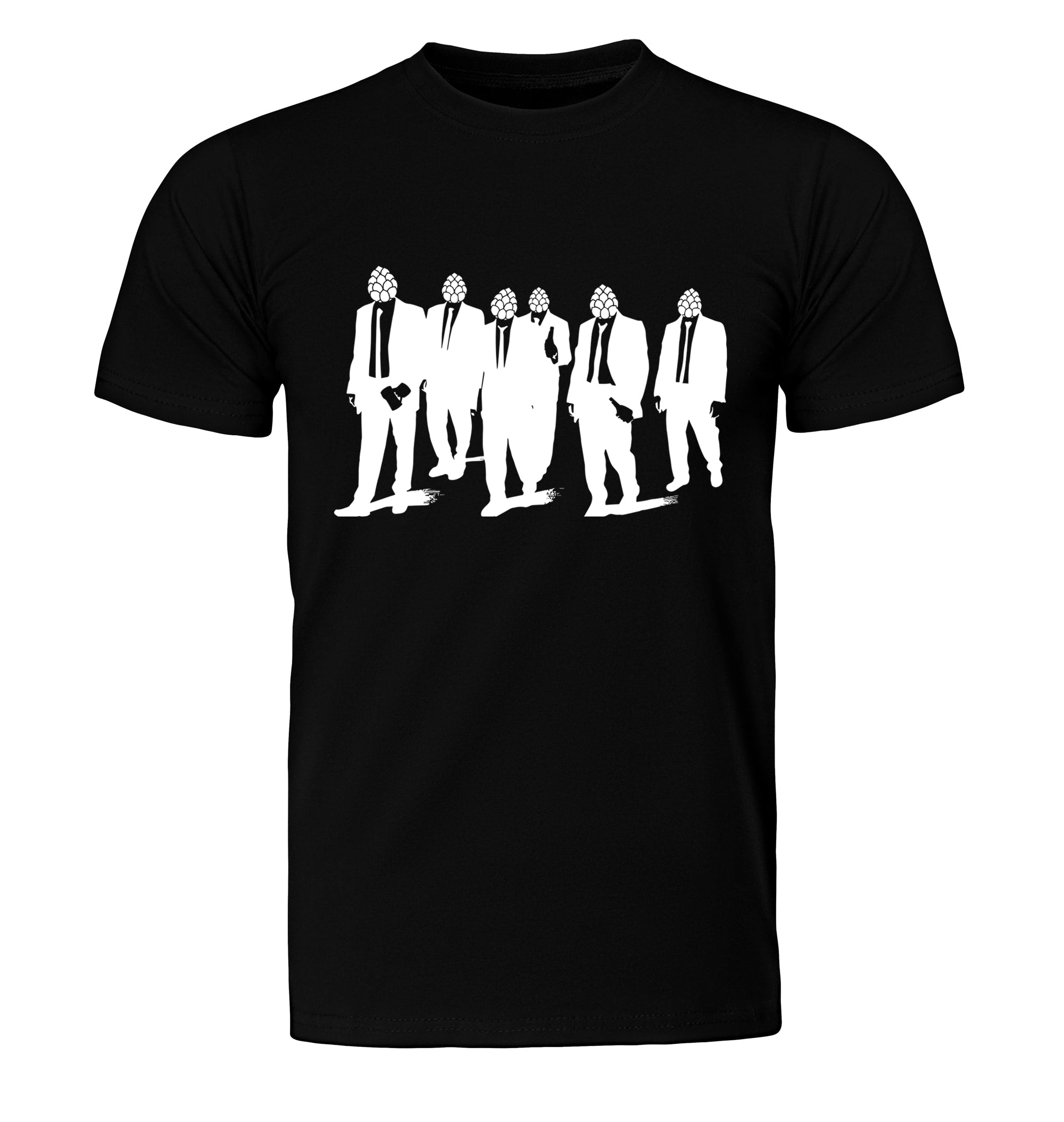 Front view of Reservoir Hops design on black beer t-shirt