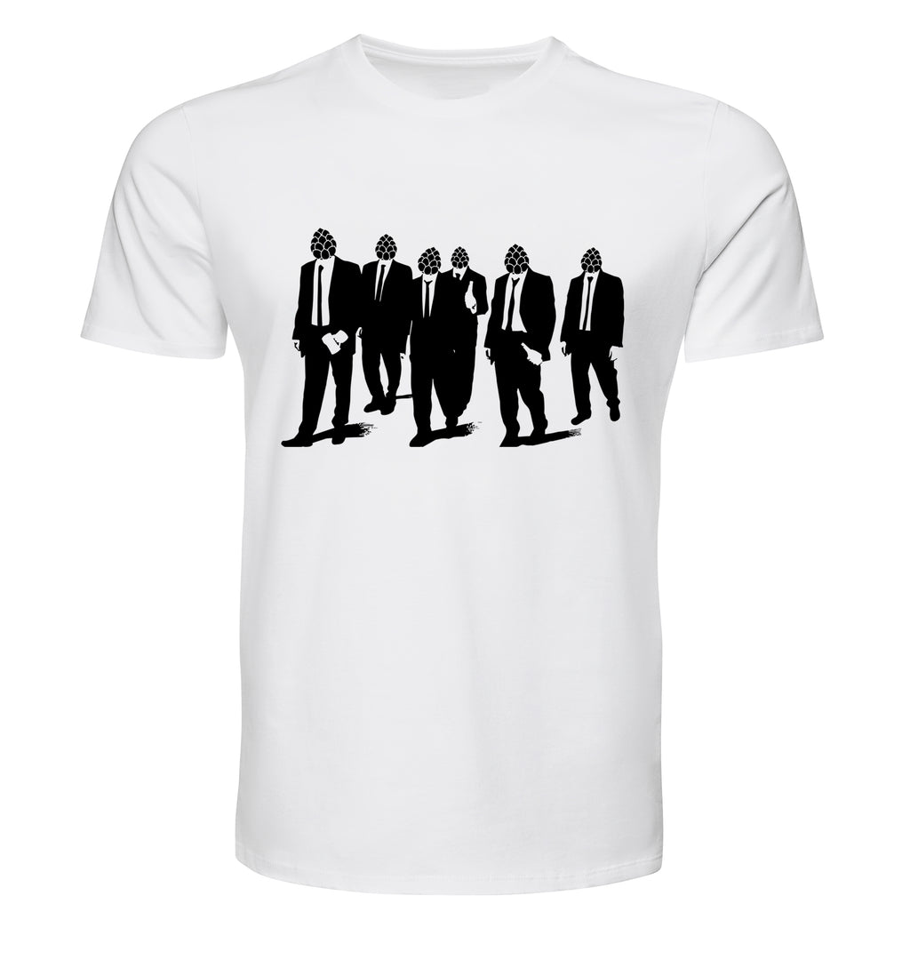 White t-shirt with Reservoir Hops hop-head silhouettes in suits