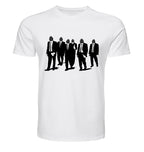 White t-shirt with Reservoir Hops hop-head silhouettes in suits