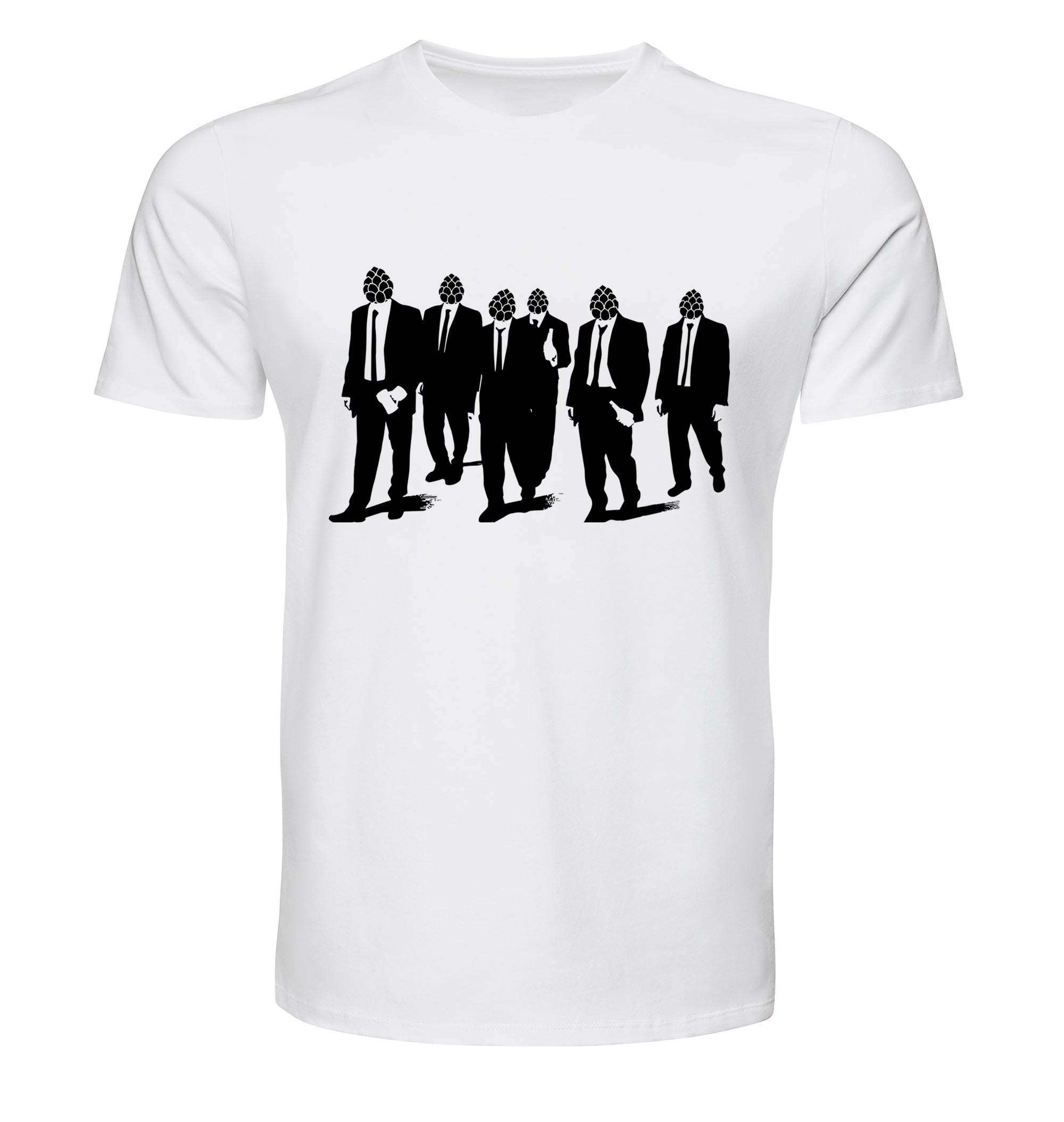 White t-shirt with Reservoir Hops hop-head silhouettes in suits
