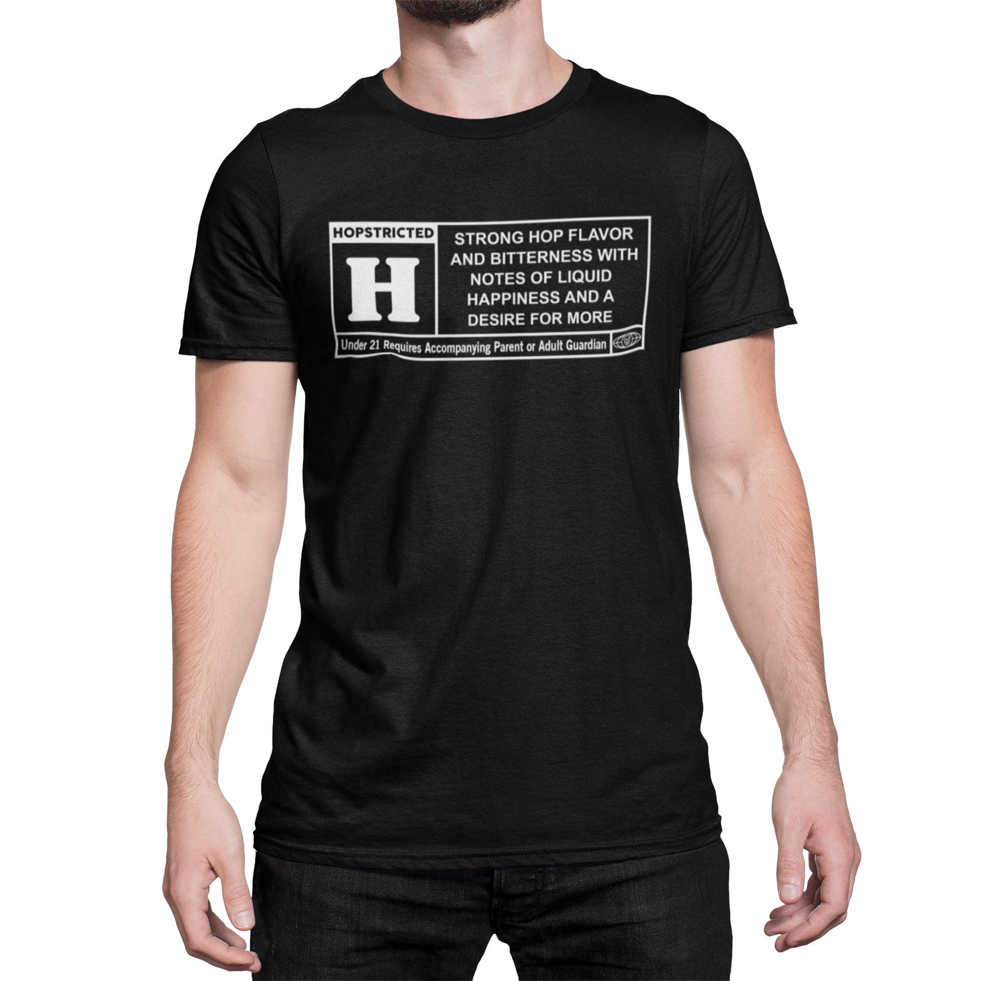 Black beer tee featuring bold H and hop tasting notes