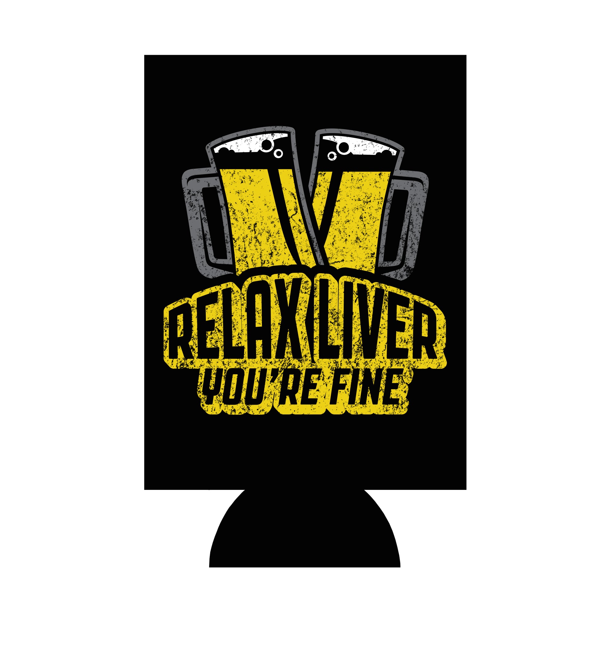Black neoprene can cooler with beer mugs V graphic and Relax Liver You’re Fine text