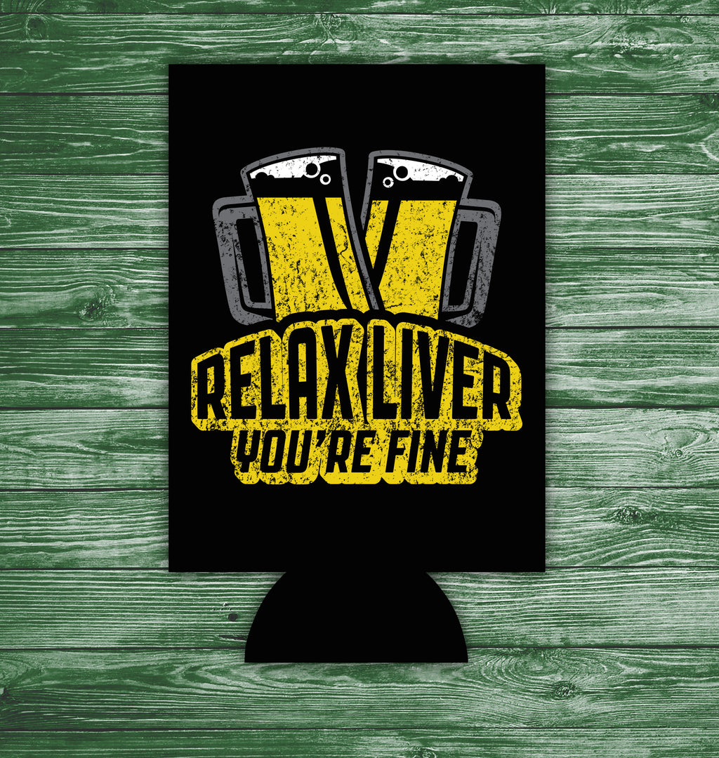 Insulated beer koozie featuring distressed clinking mug design