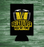 Insulated beer koozie featuring distressed clinking mug design