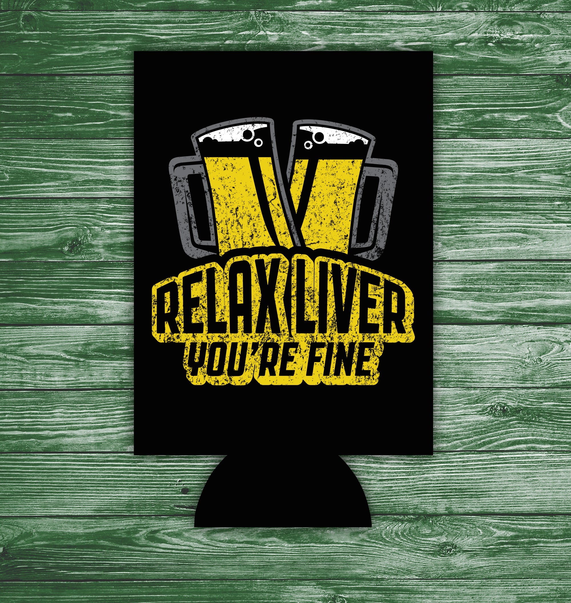 Insulated beer koozie featuring distressed clinking mug design