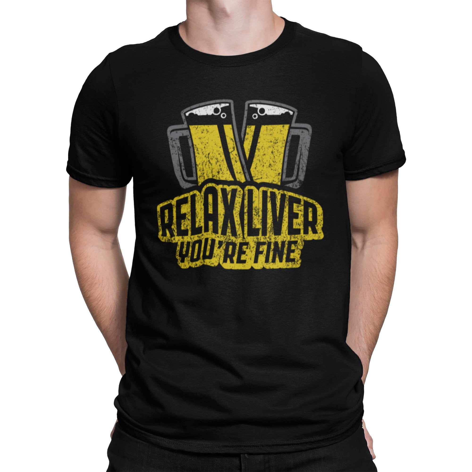 Black t-shirt with distressed beer mugs V graphic and Relax Liver You’re Fine text