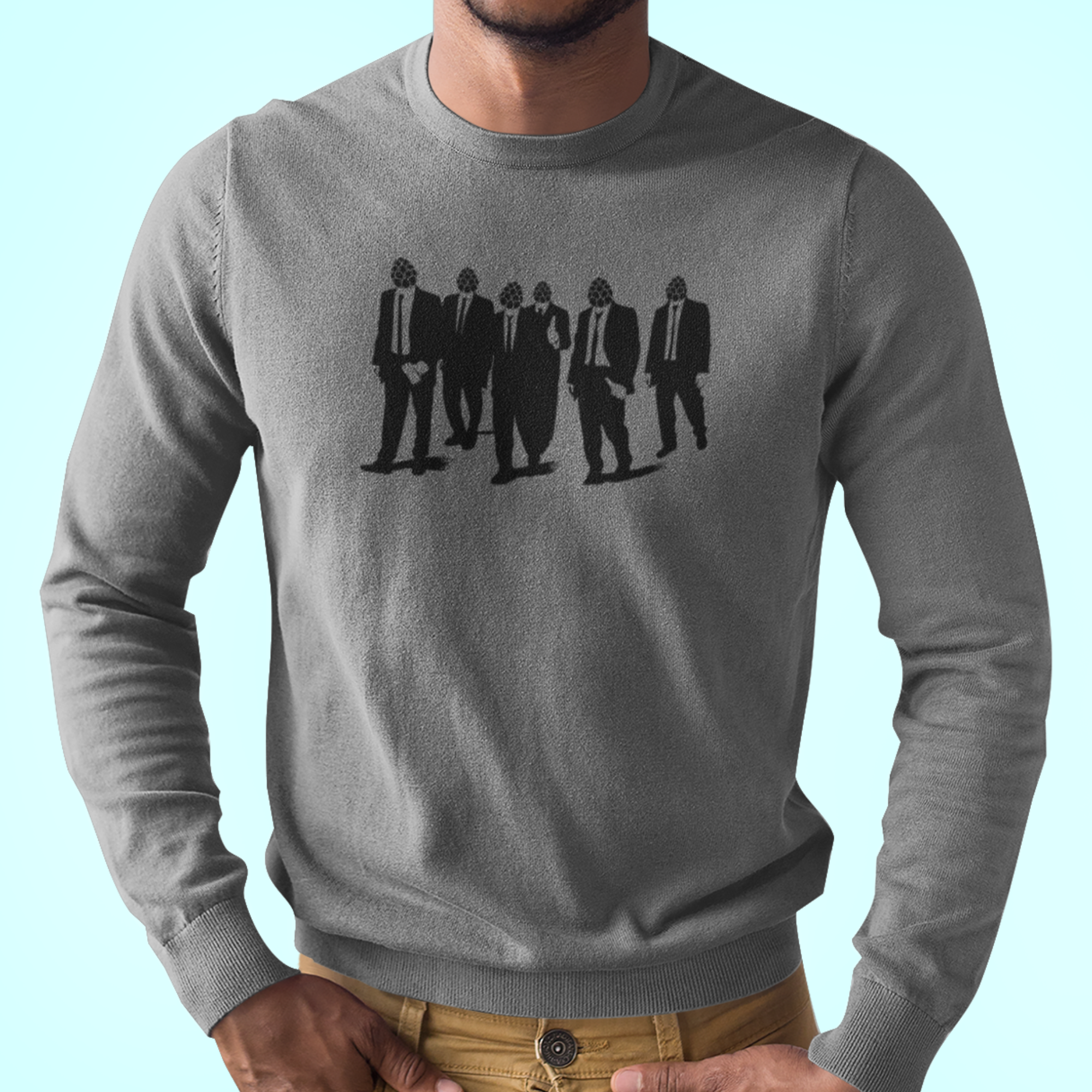 Gray long-sleeve shirt with black hop-head silhouettes in suits