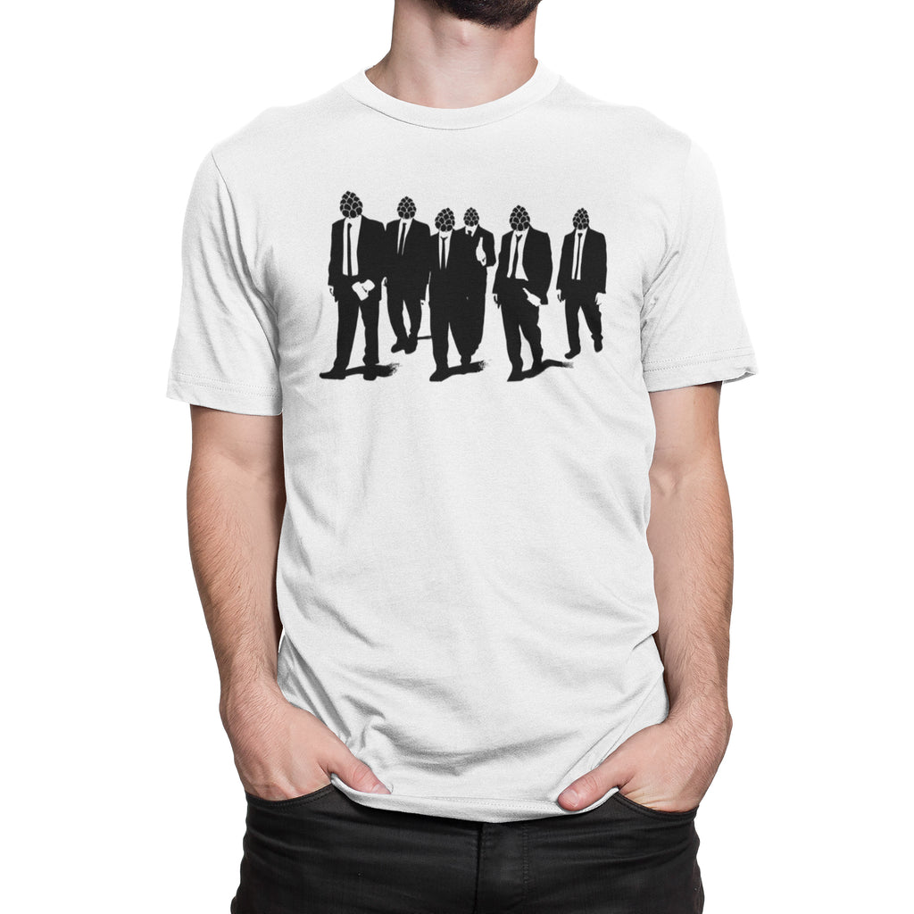 White cotton tee featuring seven suited hop-cone head figures