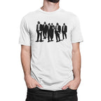 White cotton tee featuring seven suited hop-cone head figures