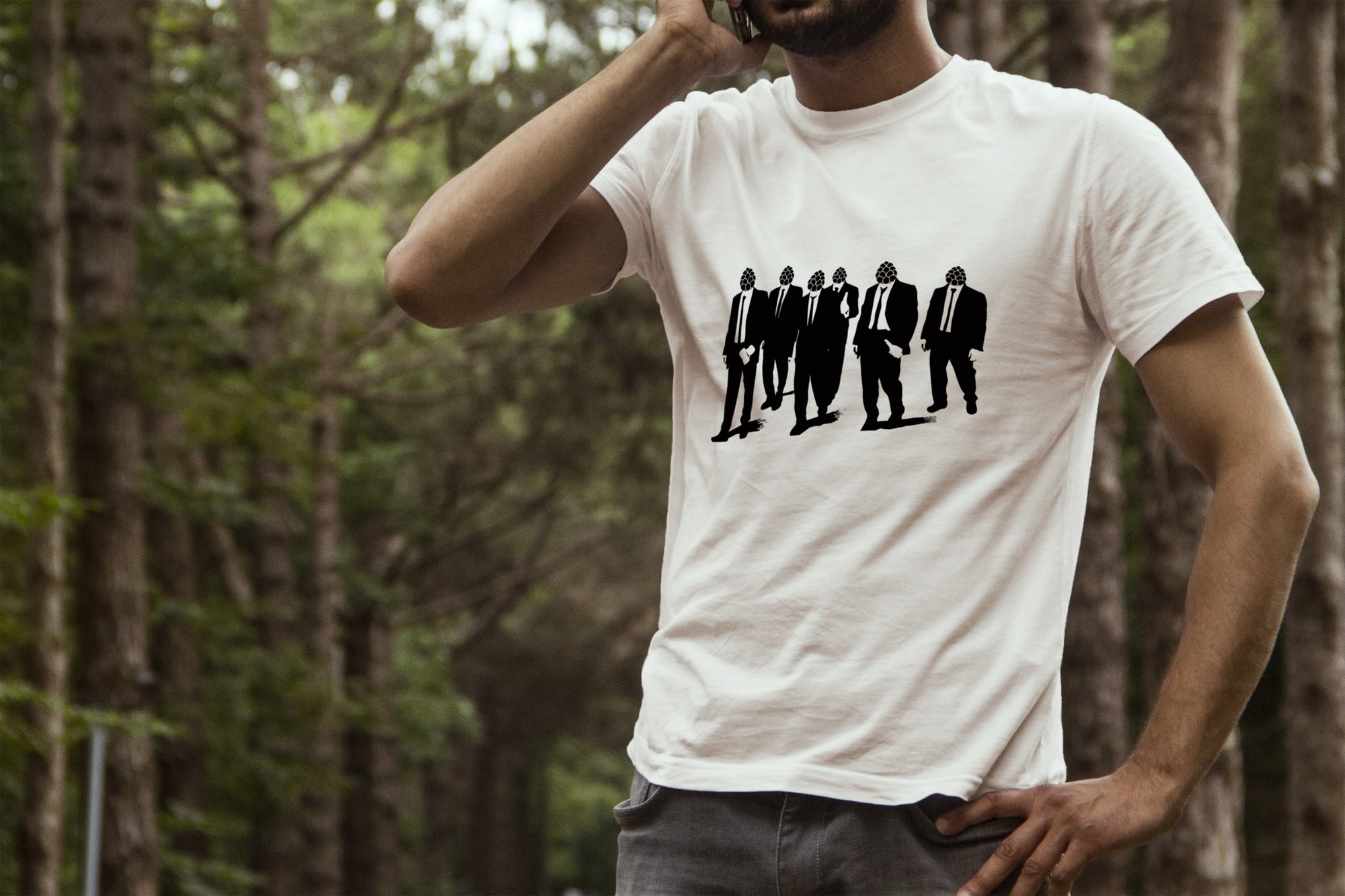 White brew tee with stylized hop-head businessmen