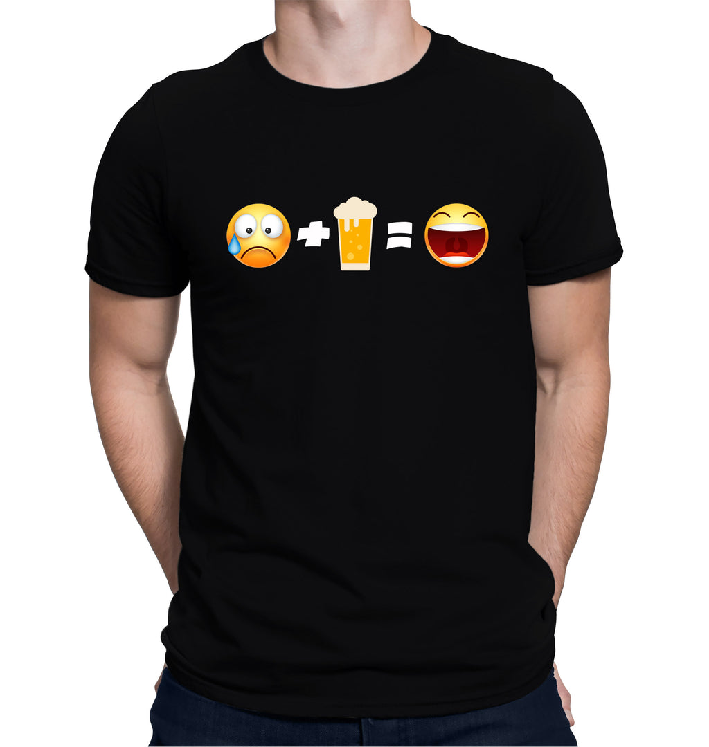 Black t-shirt with sad face emoji plus beer mug icon equals smiling emoji