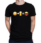 Black t-shirt with sad face emoji plus beer mug icon equals smiling emoji