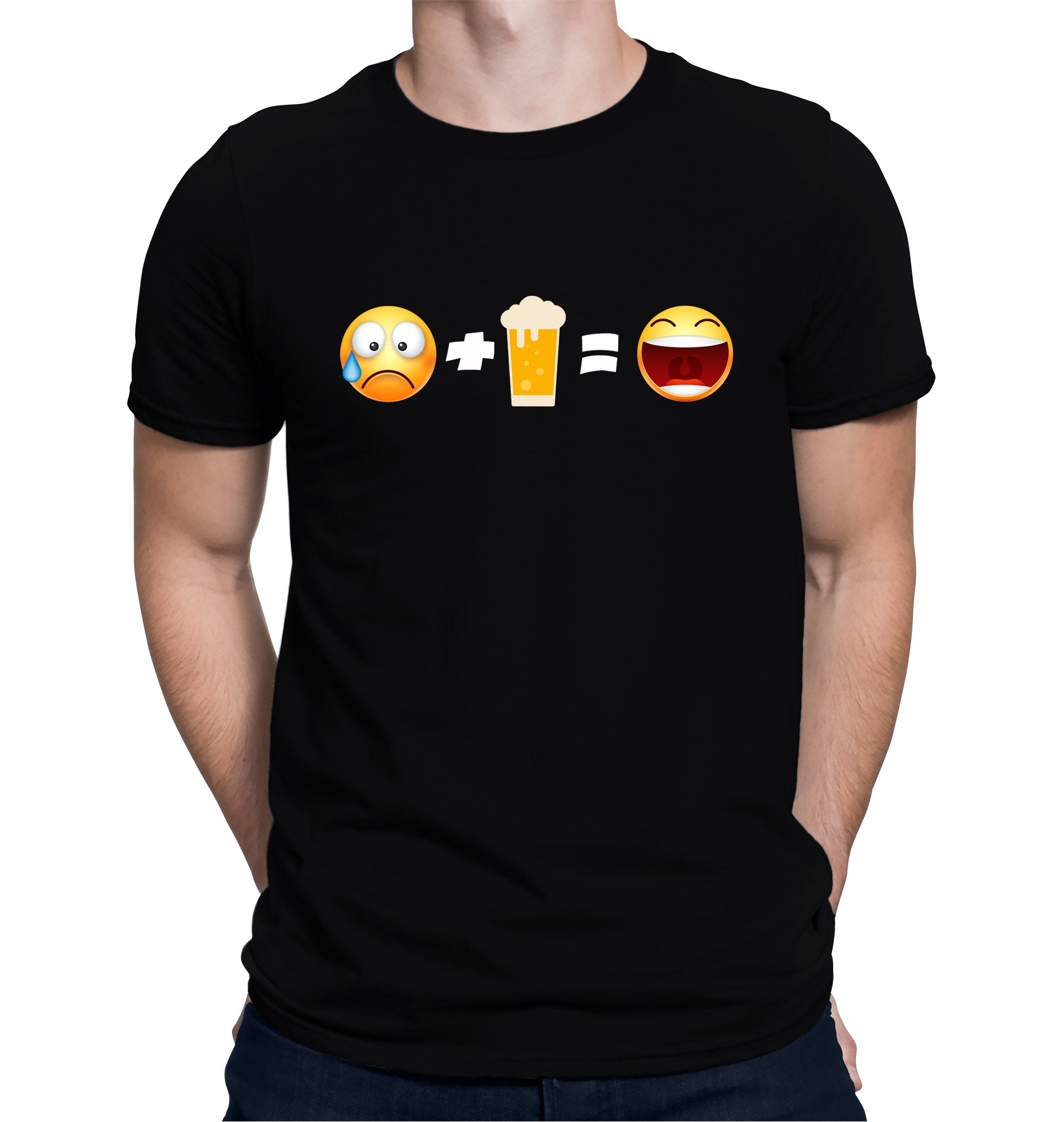 Black t-shirt with sad face emoji plus beer mug icon equals smiling emoji
