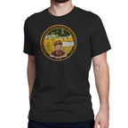 Black t-shirt with circular design of bearded brewer surrounded by hops and brewing gear