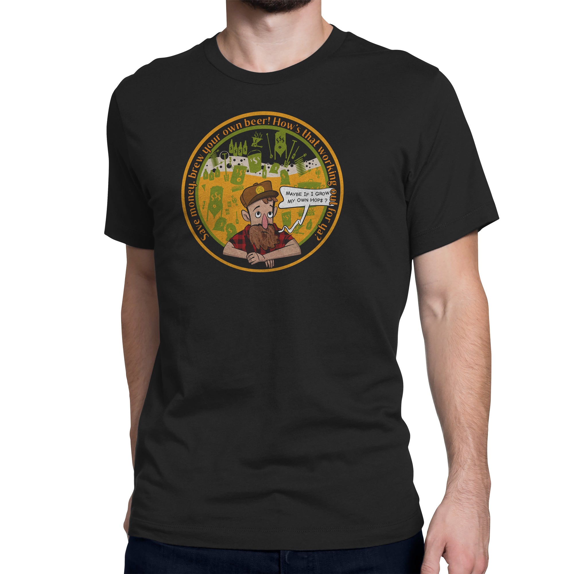 Black t-shirt with circular design of bearded brewer surrounded by hops and brewing gear