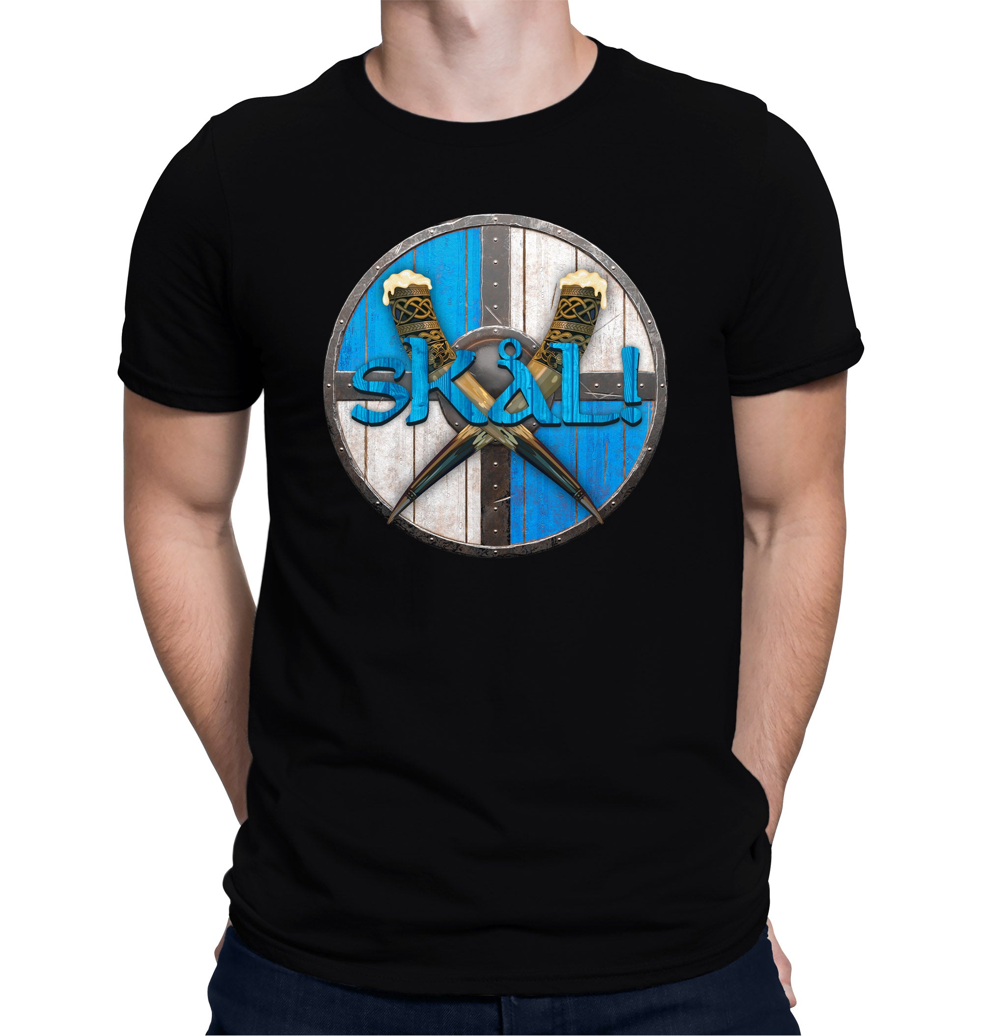 Black t-shirt with distressed wooden Viking shield, crossed drinking horns, and runic SKÅL text
