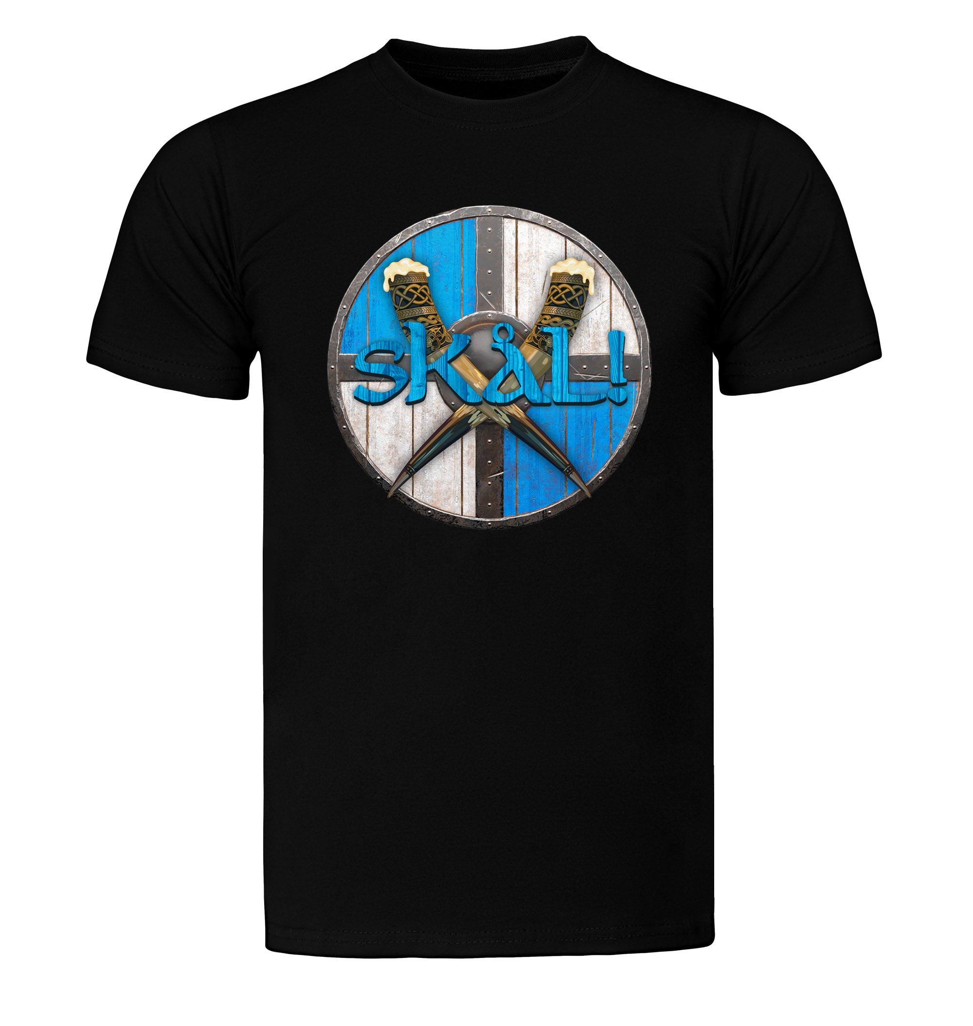Unisex cotton shirt showcasing Scandinavian shield and horn beer motif