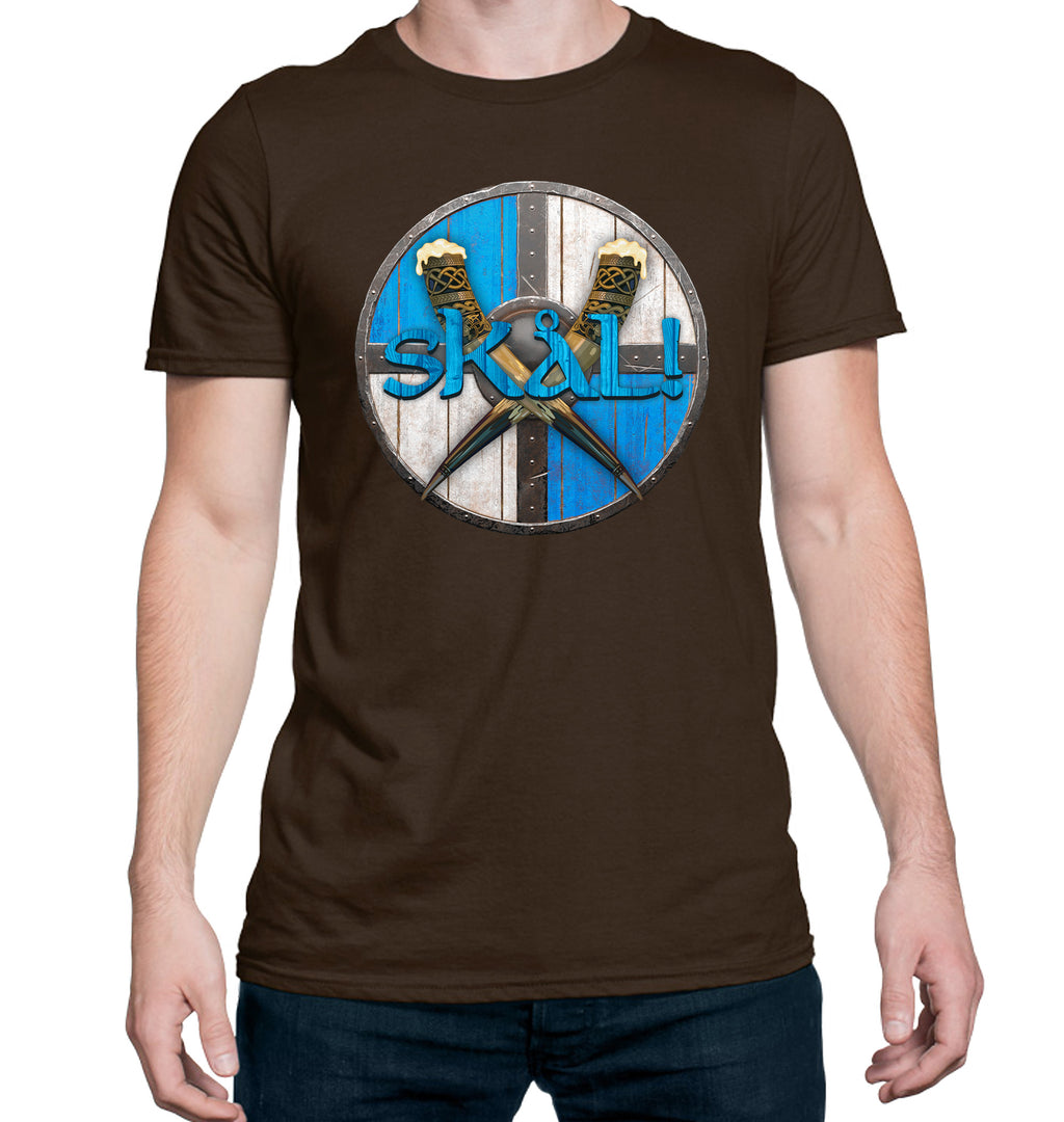 Brown ringspun cotton tee featuring Norse shield and foam-tipped horns design