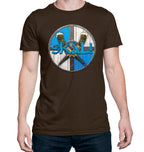 Brown ringspun cotton tee featuring Norse shield and foam-tipped horns design