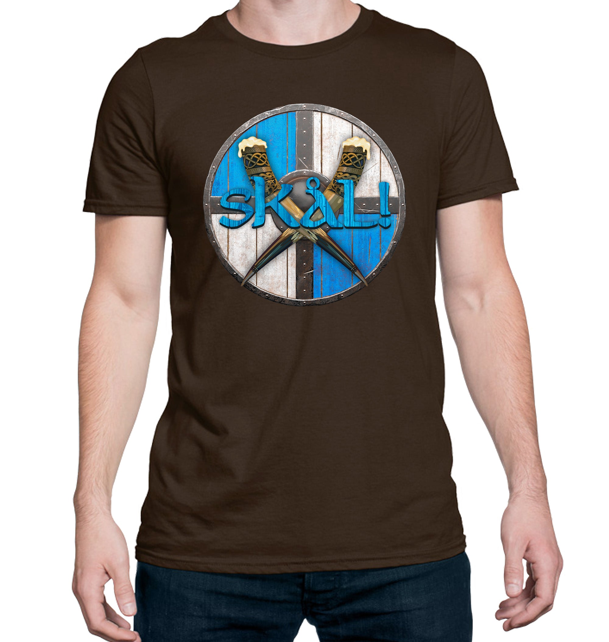 Brown ringspun cotton tee featuring Norse shield and foam-tipped horns design