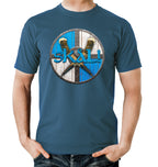 Blue t-shirt with weathered shield background, crossed horns, and SKÅL runes