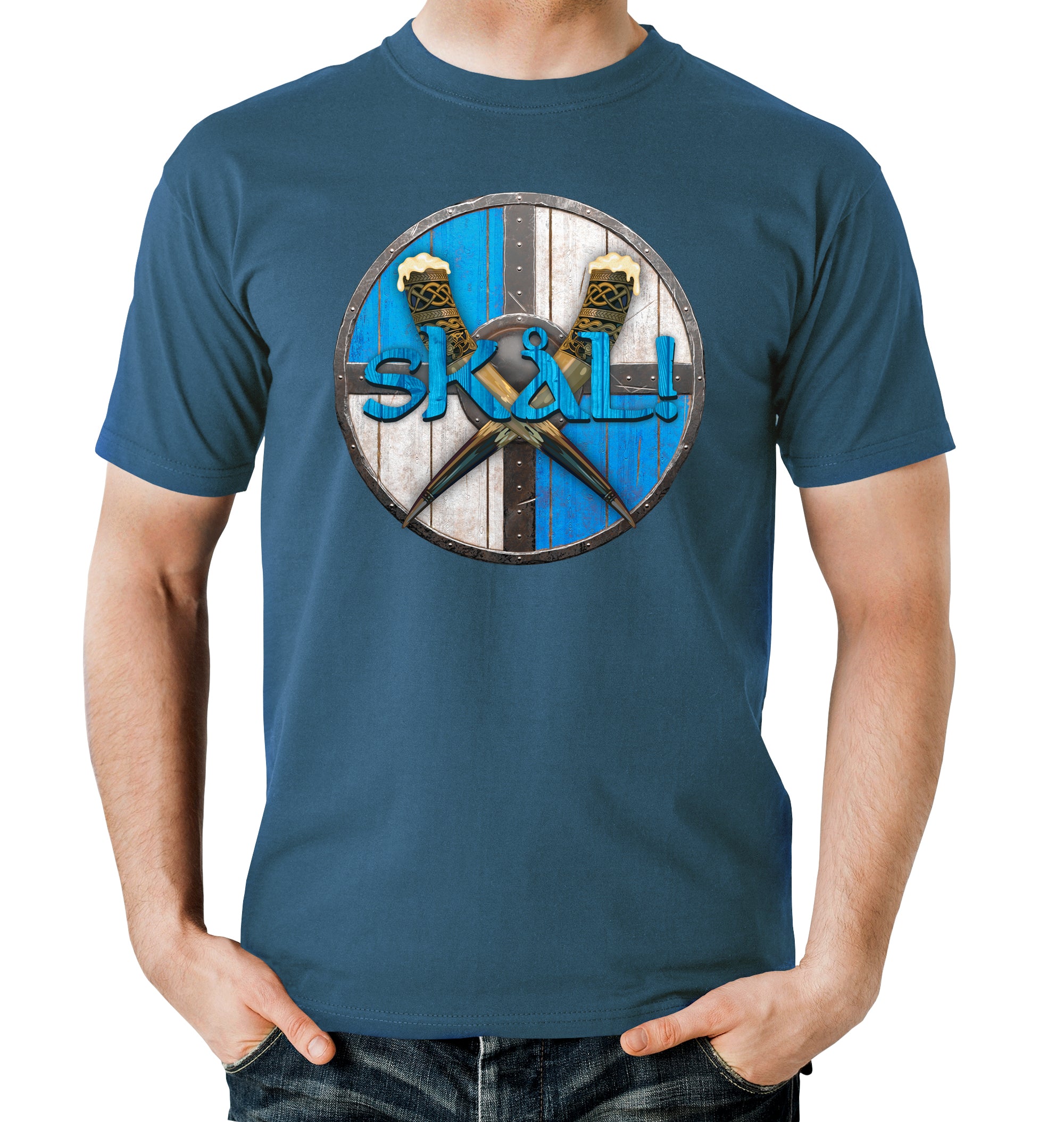 Blue t-shirt with weathered shield background, crossed horns, and SKÅL runes