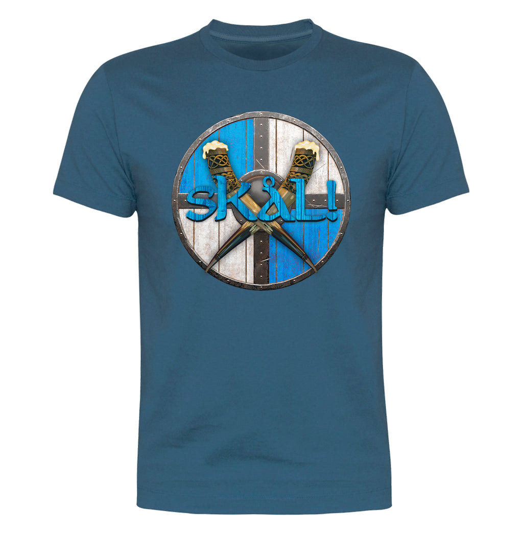 Front view of Viking Skål & Shield beer t-shirt on colored fabric