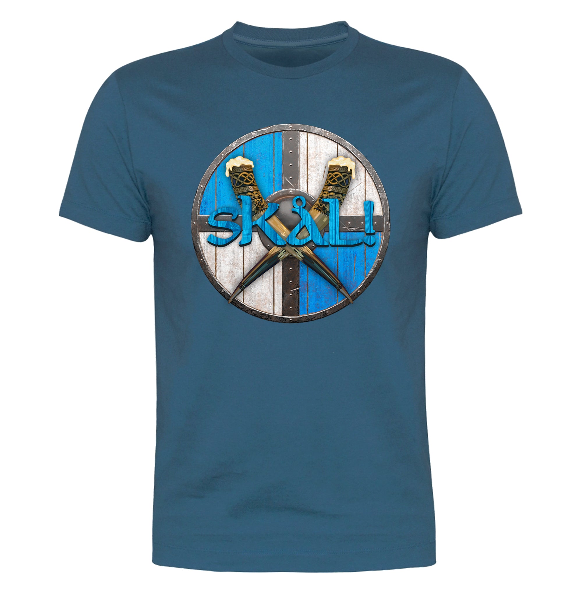 Front view of Viking Skål & Shield beer t-shirt on colored fabric