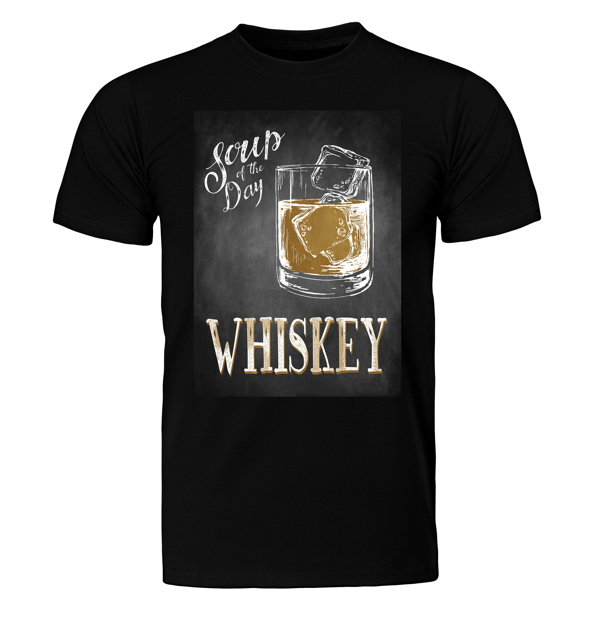 Whiskey rocks illustration beneath ‘Soup of the Day’ script on a black tee