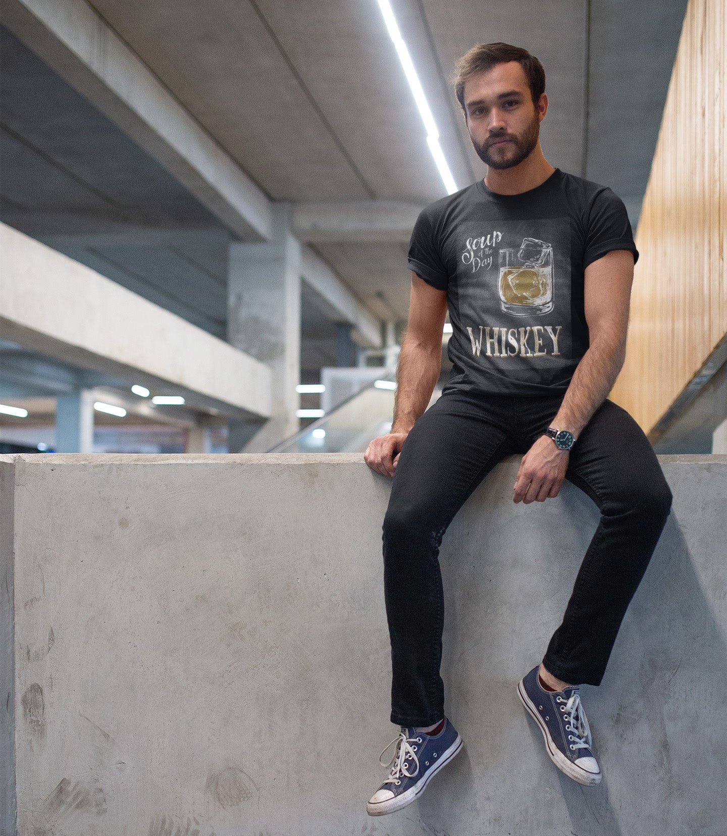 Unisex ringspun cotton shirt featuring chalkboard-style whiskey artwork