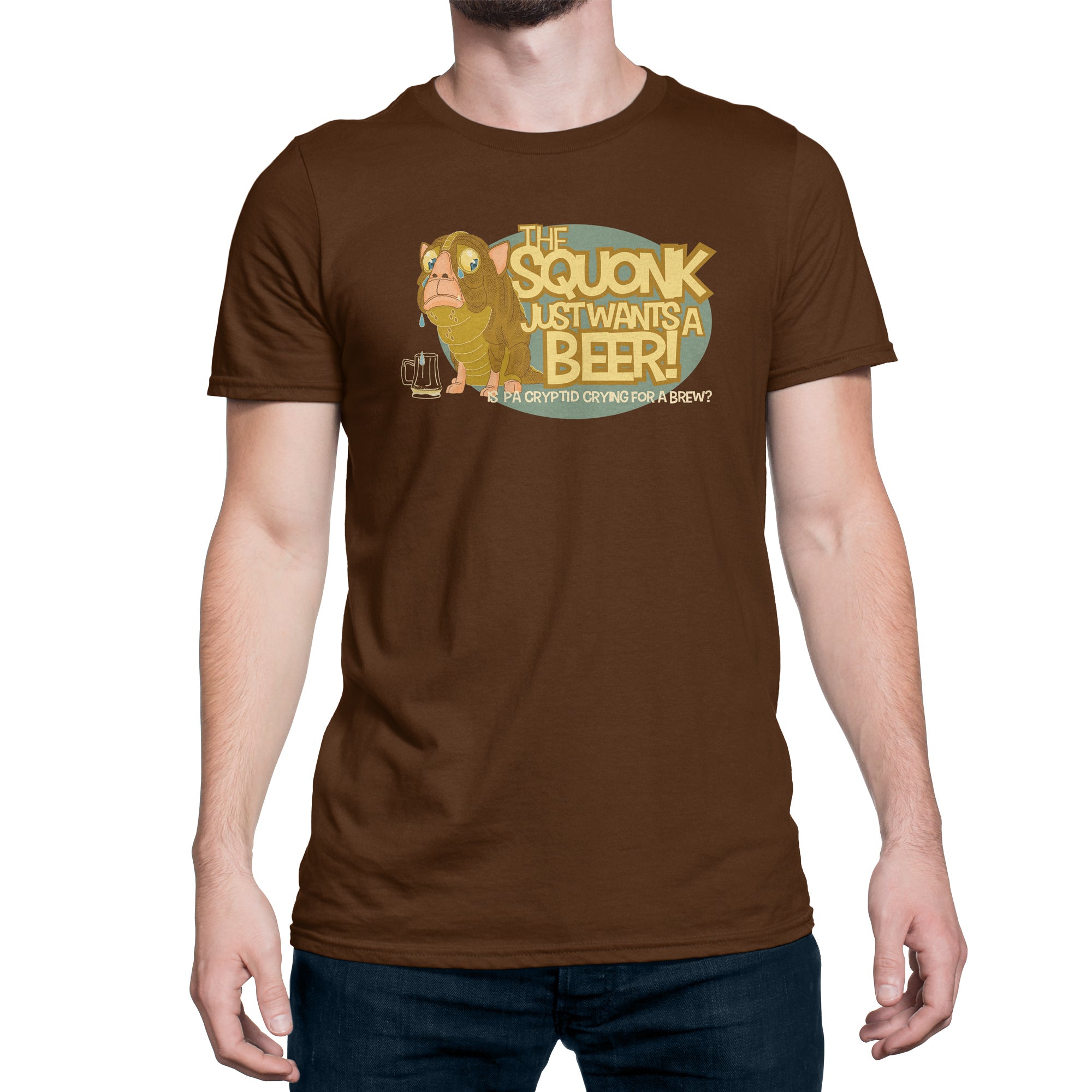 Brown t-shirt with droopy-eyed Squonk holding a beer under vintage headline