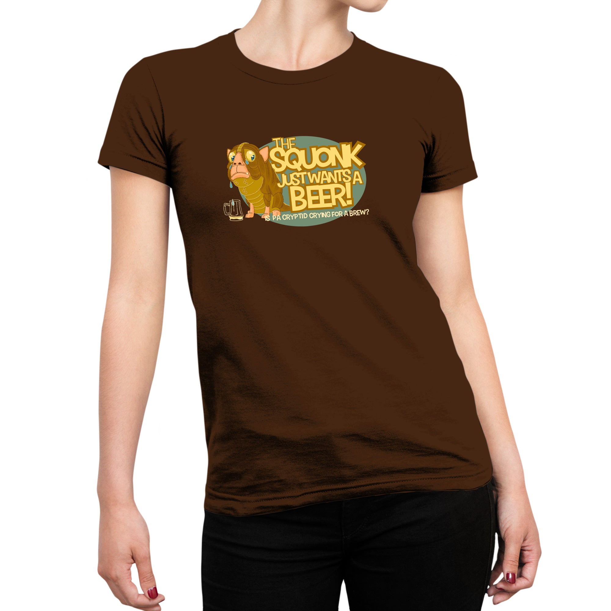 Cartoon Squonk crying for a brew inside blue oval on women's shirt