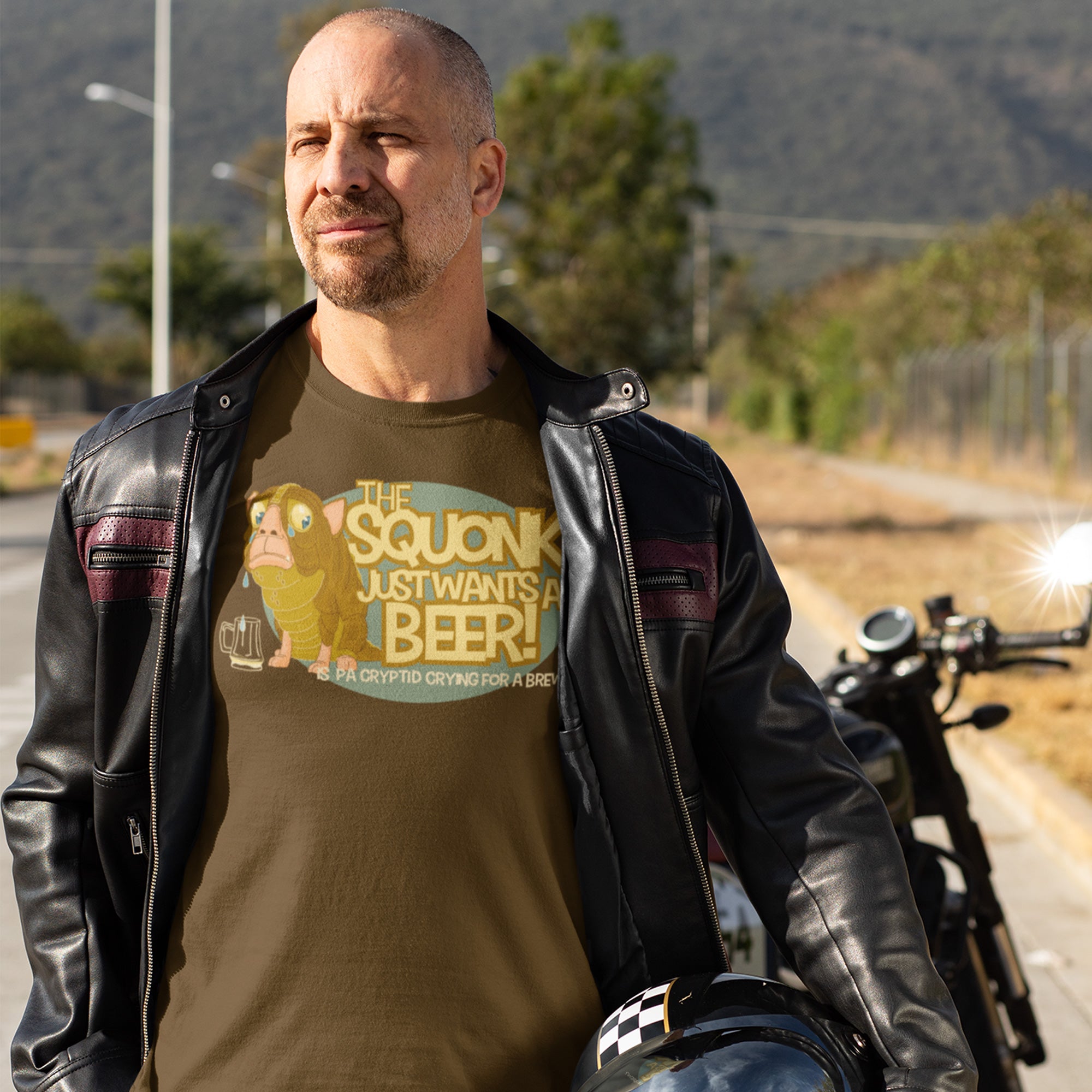 Unisex cotton tee featuring Squonk Just Wants a Beer typography and creature art