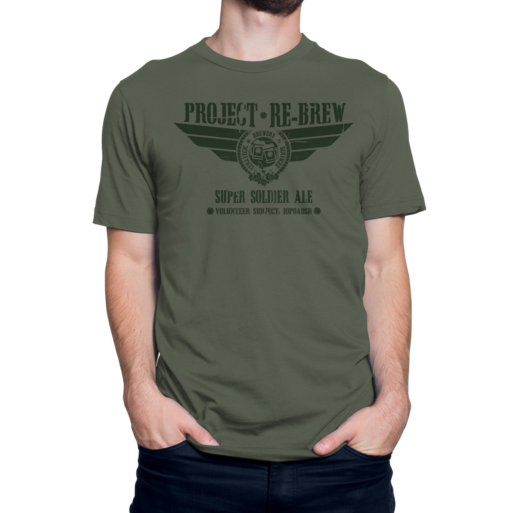 Front of military-green t-shirt with PROJECT RE-BREW wings and brewery seal